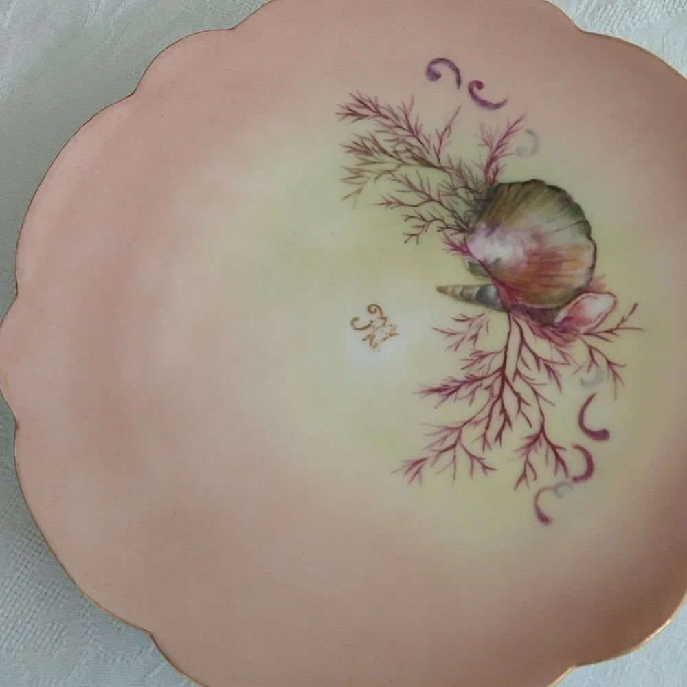 Vintage hand-painted porcelain salad plate pink shell decor monogram France